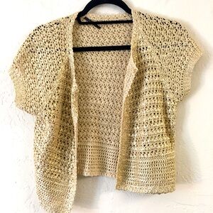 Elie Tahari Silk Cotton Shrug Cardigan Tan Gold Metallic Holiday Christmas Party